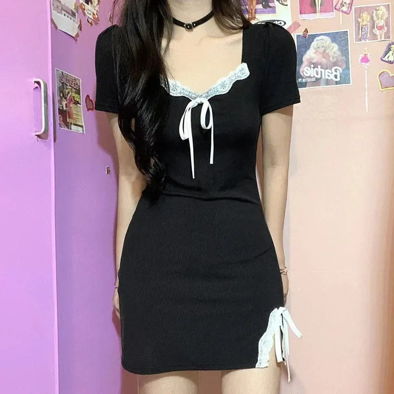 BLACK LACE AND BOW SPLIT DRESS UB2475