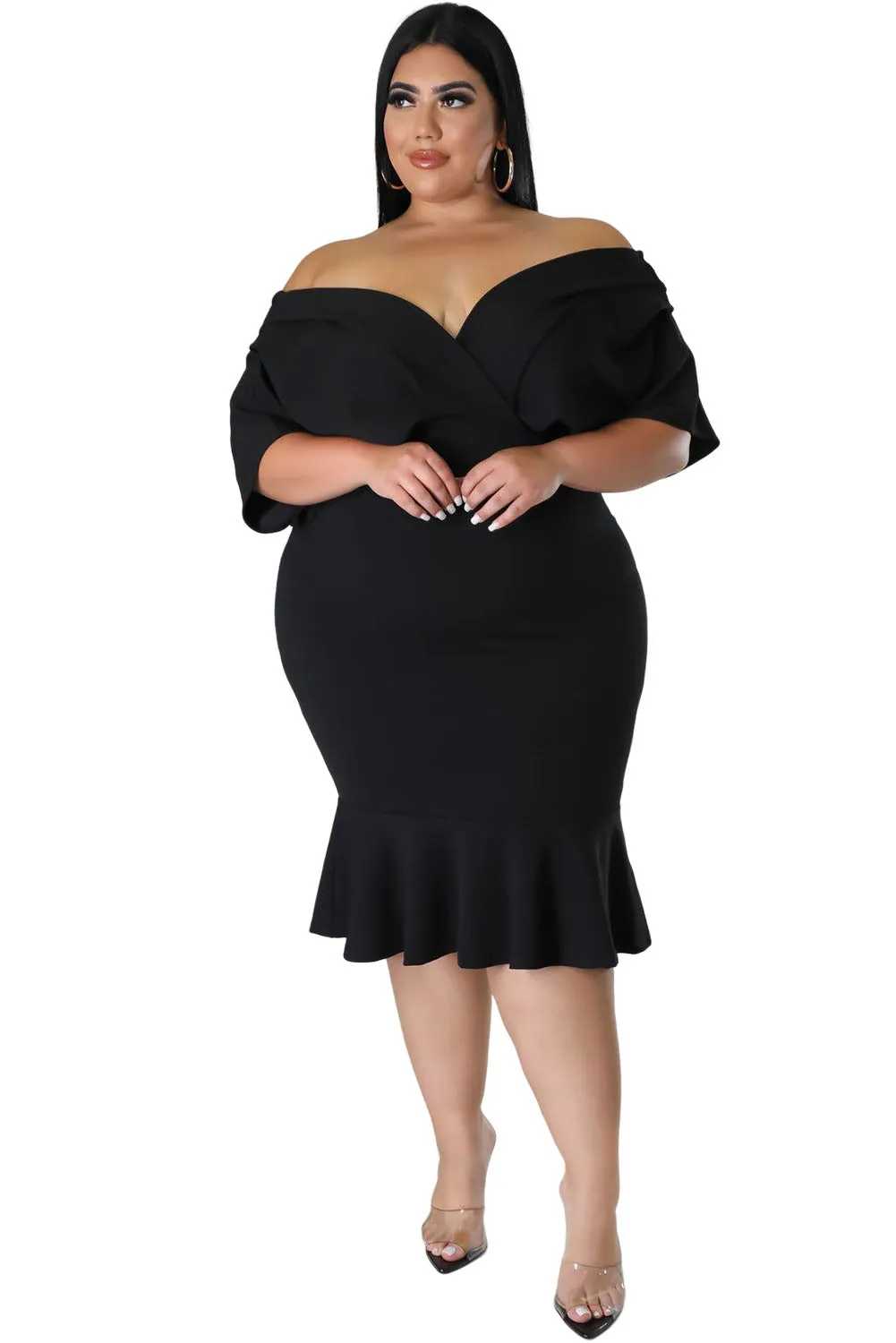 Black Plus Size Pleated V Neck Ruffle Hem Bodycon Dress