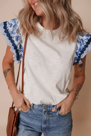 Black Ricrac Trim Printed Flutter Sleeve Contrast Patchwork Blouse