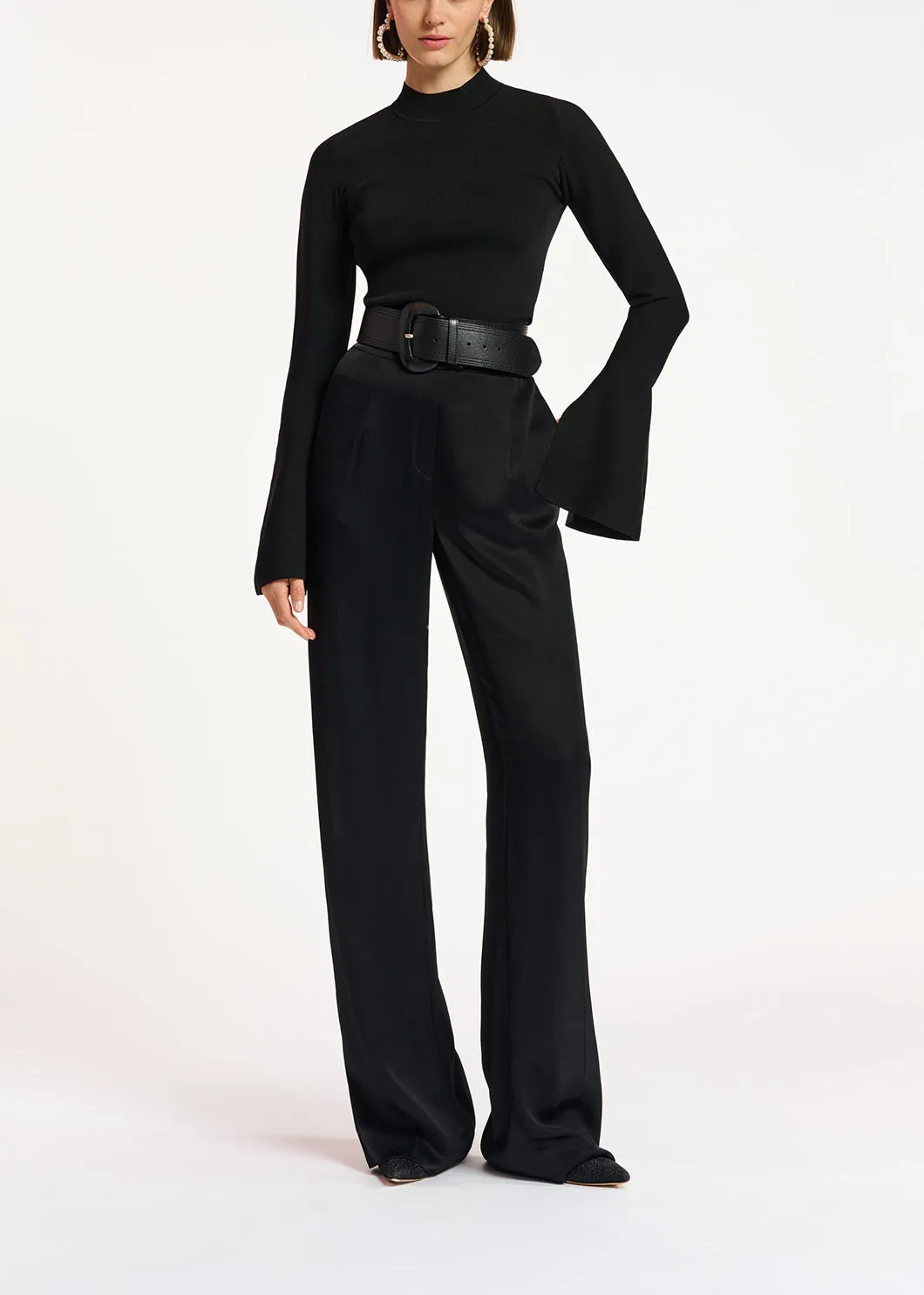 Black slim-fit knit sweater with trumpet sleeves