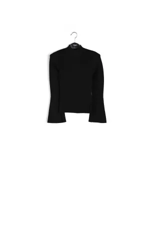 Black slim-fit knit sweater with trumpet sleeves