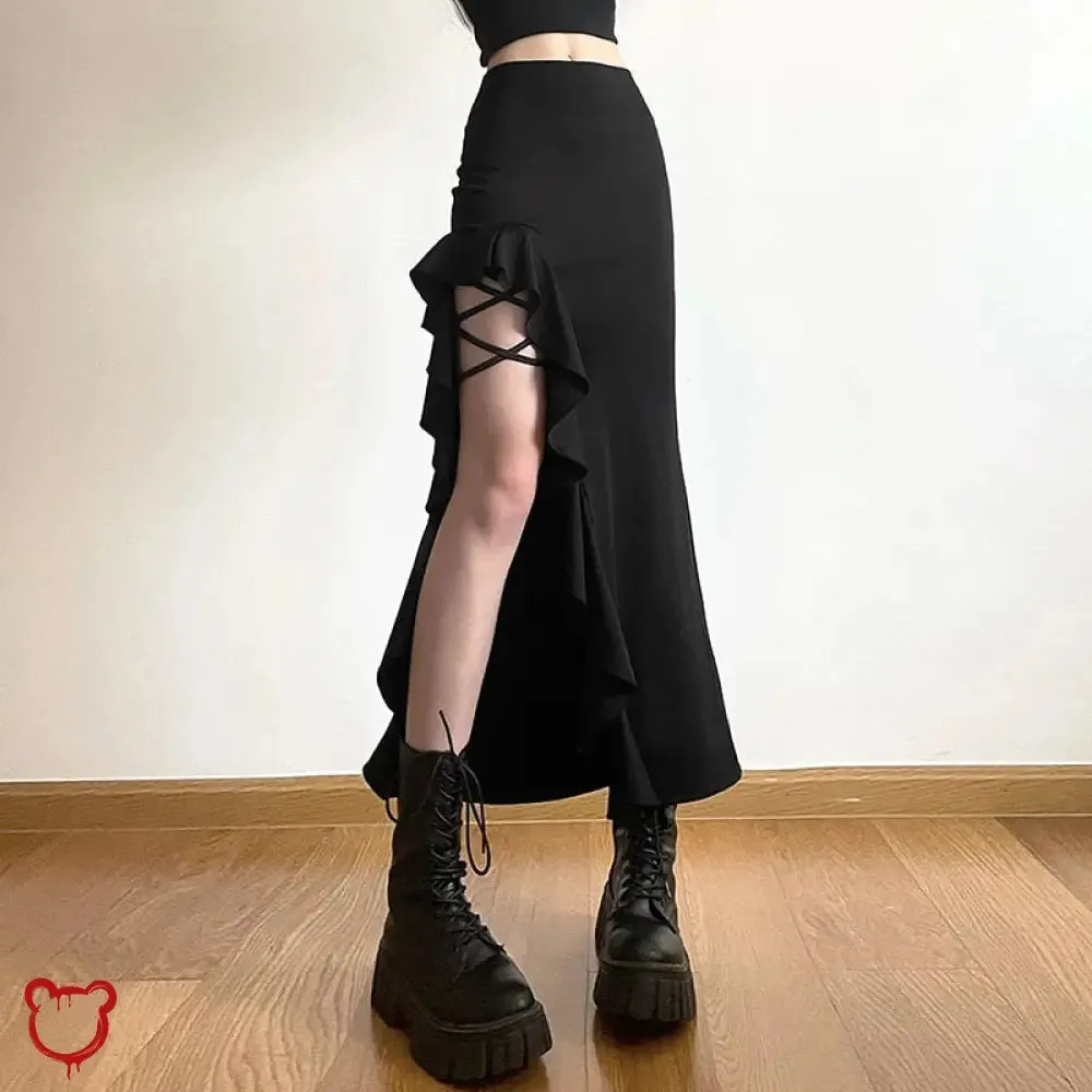 Black Split Ruffle Skirt