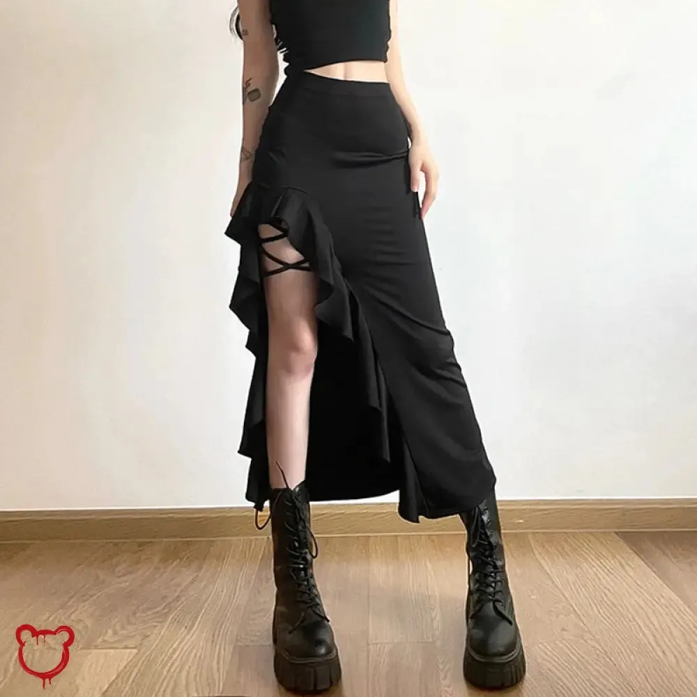Black Split Ruffle Skirt
