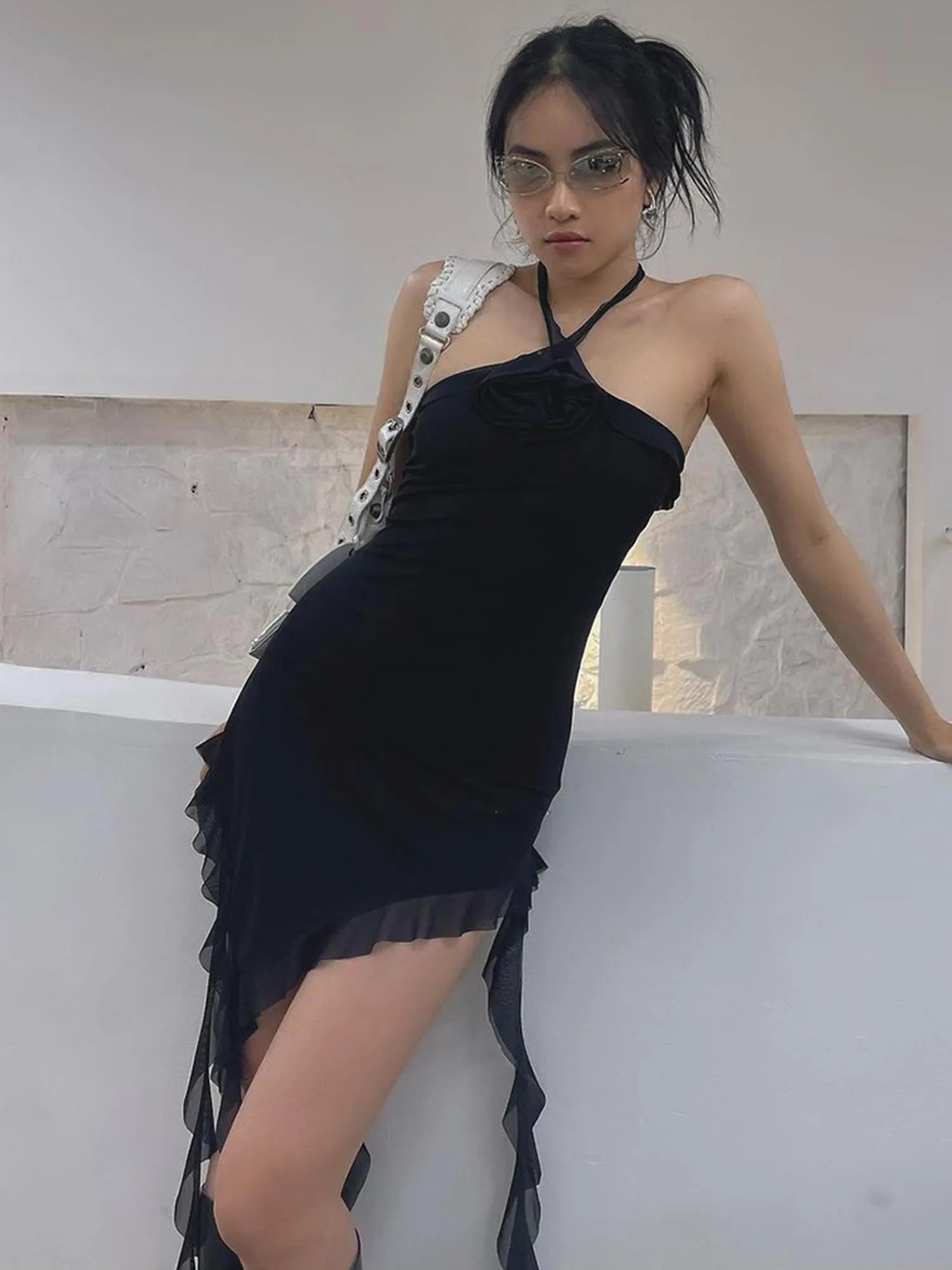 Black Tie Neck Mini Bodycon Dress