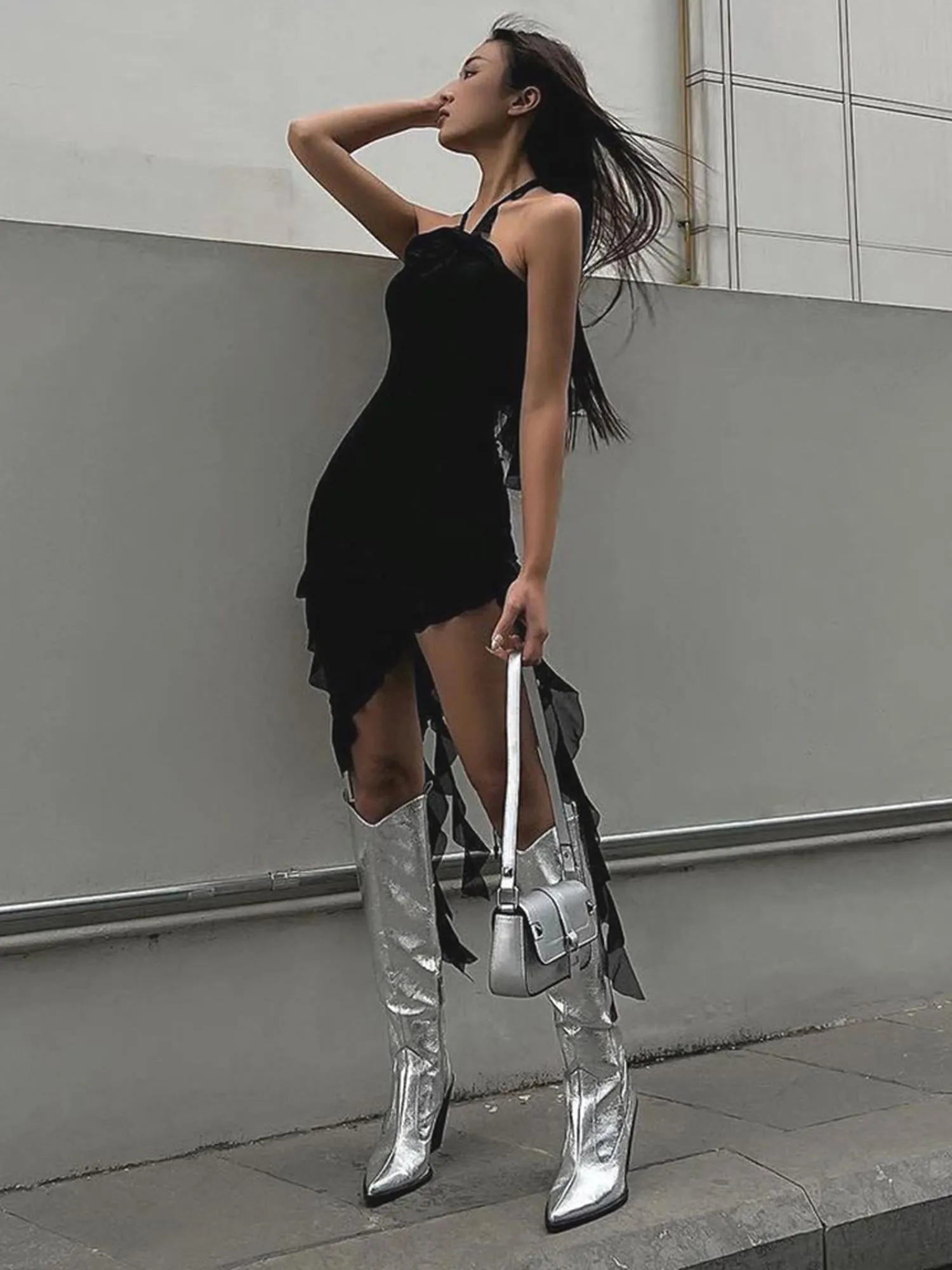 Black Tie Neck Mini Bodycon Dress