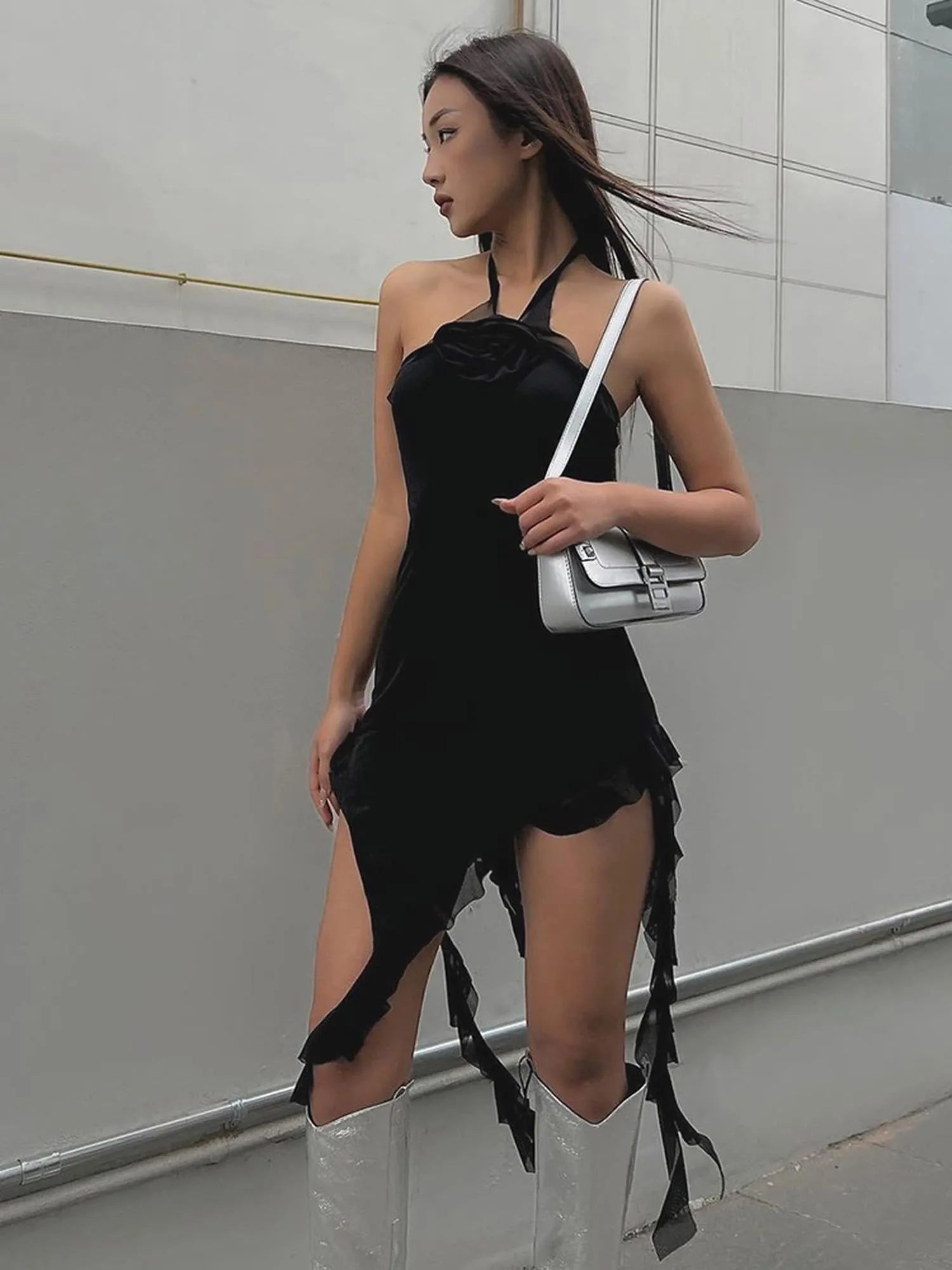 Black Tie Neck Mini Bodycon Dress