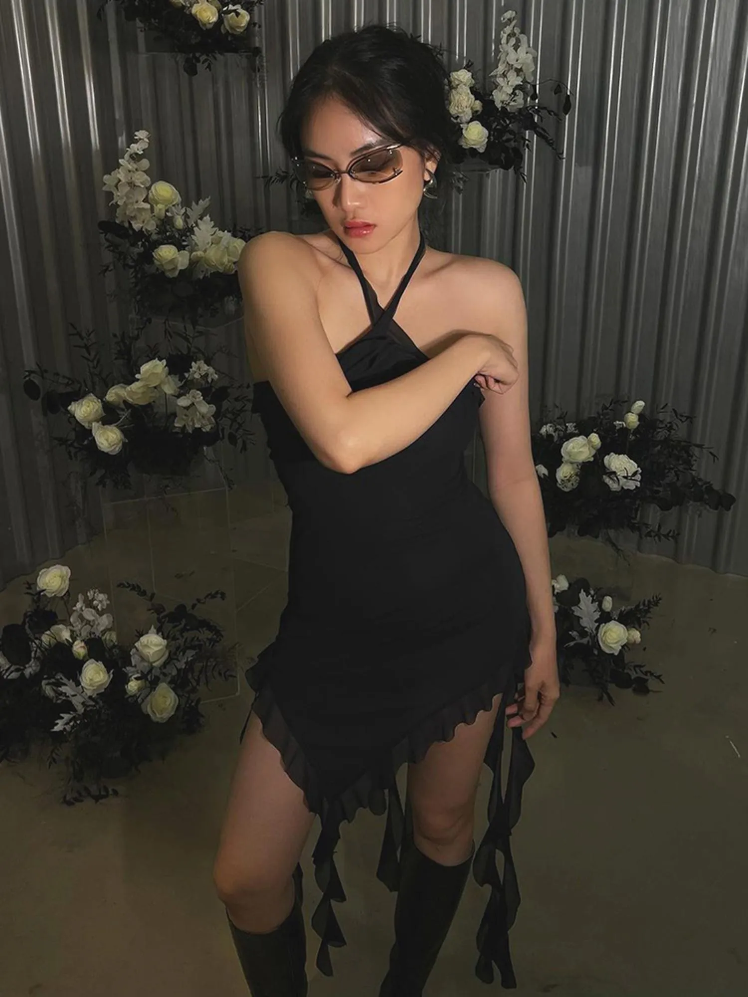 Black Tie Neck Mini Bodycon Dress