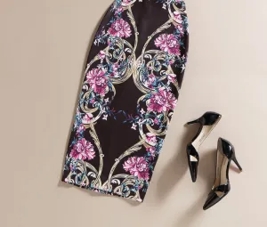 Black Vintage Fashion Floral Printed Pencil Skirt Midi Women Knee-Length Elastic High Waist Office Ladies Skirts