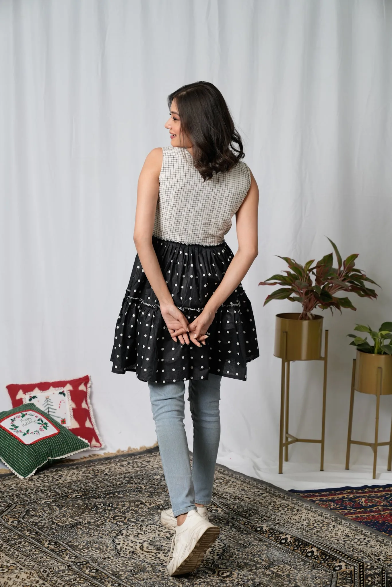 Black White Polka Dot Embroidered Flared Top
