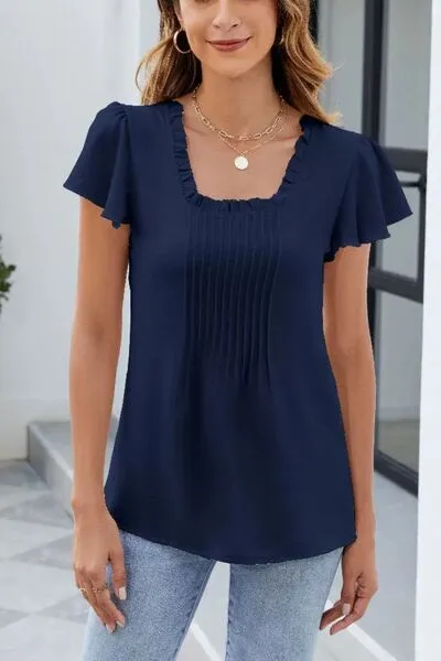 Blouse met ruches, vierkante hals en fladdermouwen