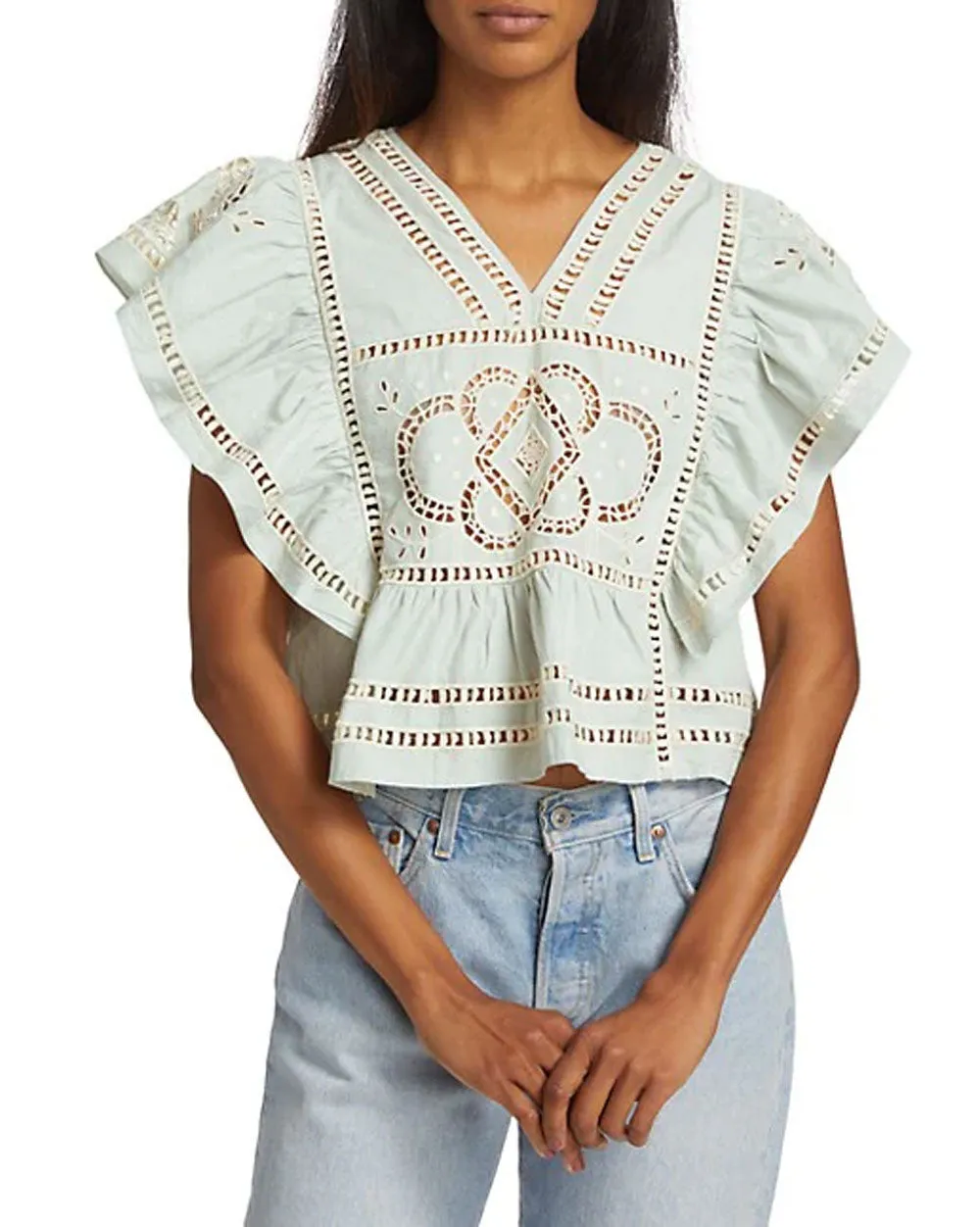 Blue Blaire Eyelet Flutter Sleeve Top