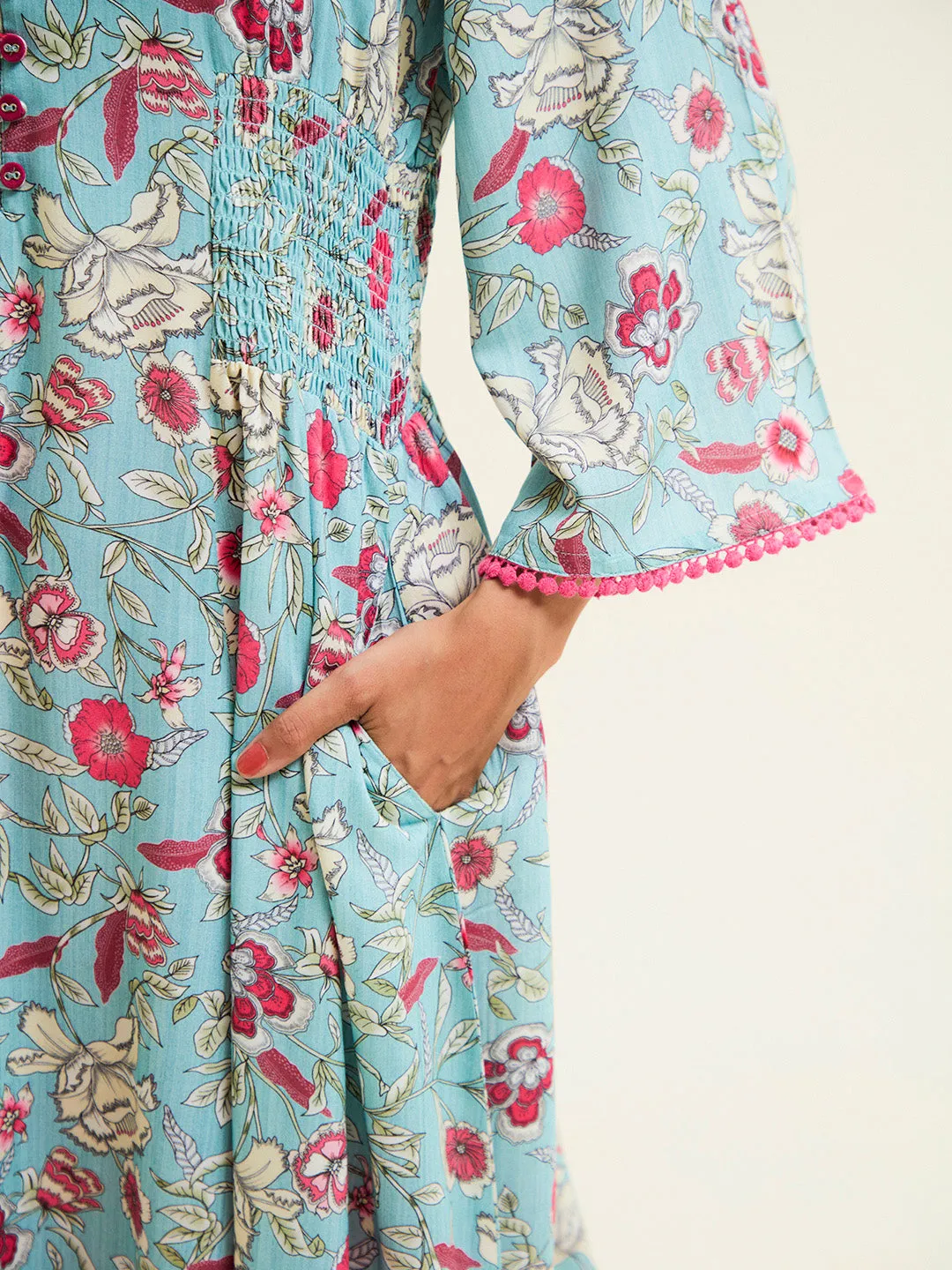 Blue Floral Flared Kurta