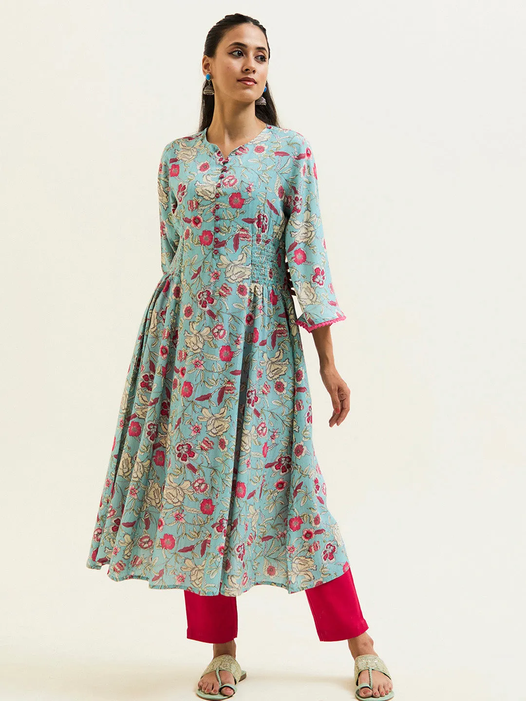 Blue Floral Flared Kurta