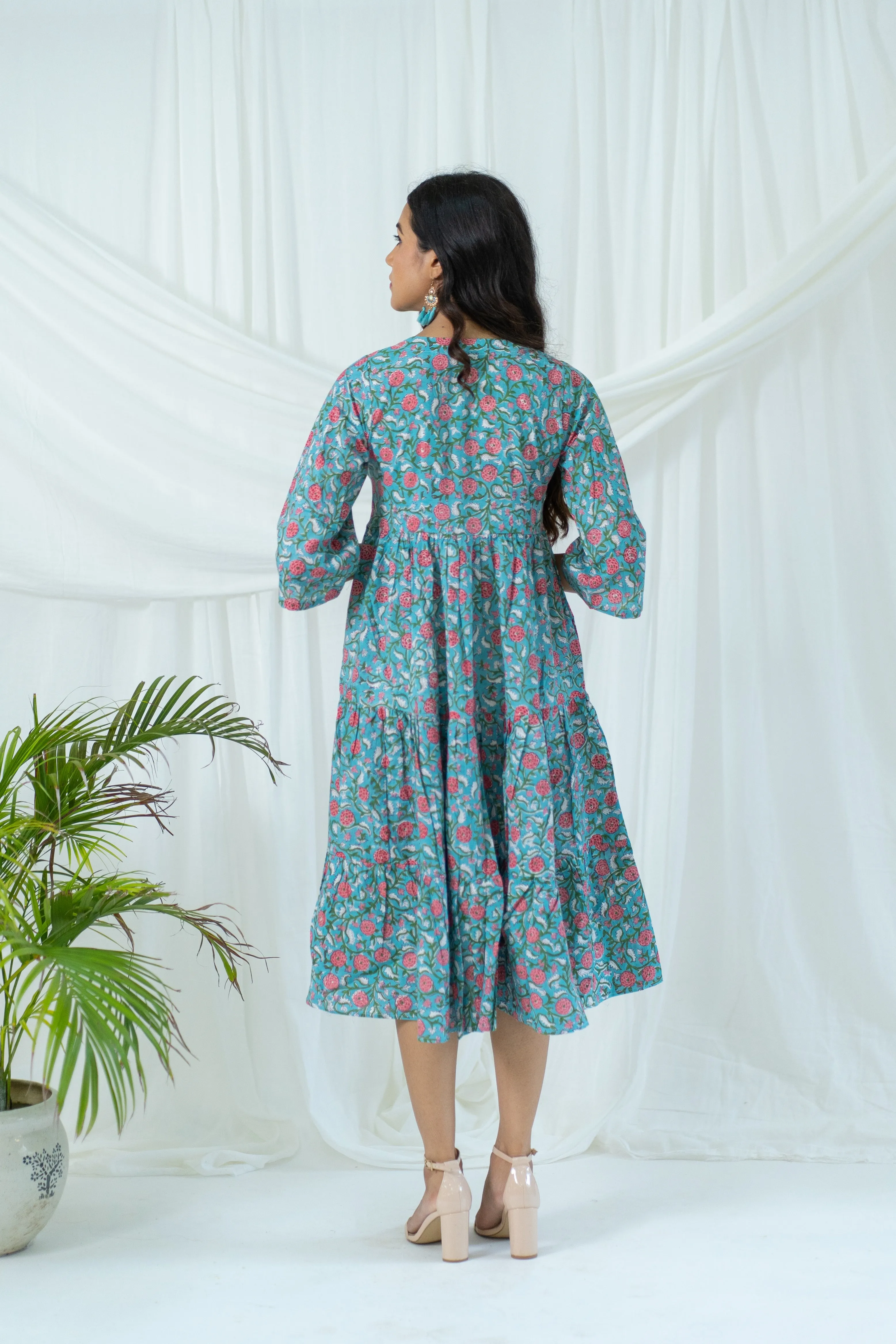 Blue Floral Tiered Cotton Dress