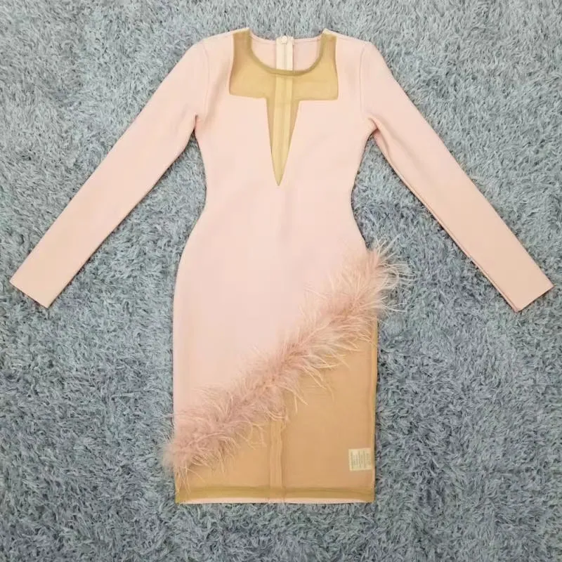 Blushing Diva- Mesh Feathers Bandage Dress