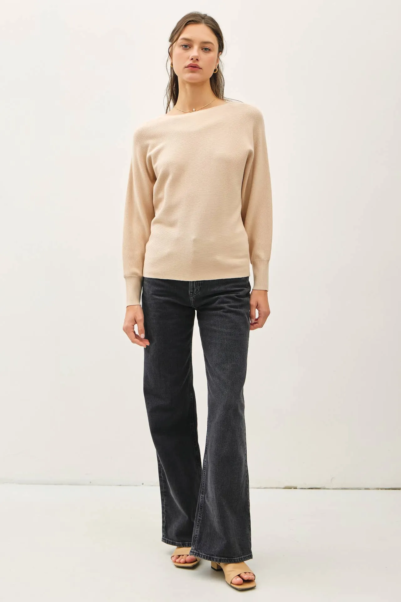 BOAT NECK DOLMAN SLEEVE RIBBED SWEATER