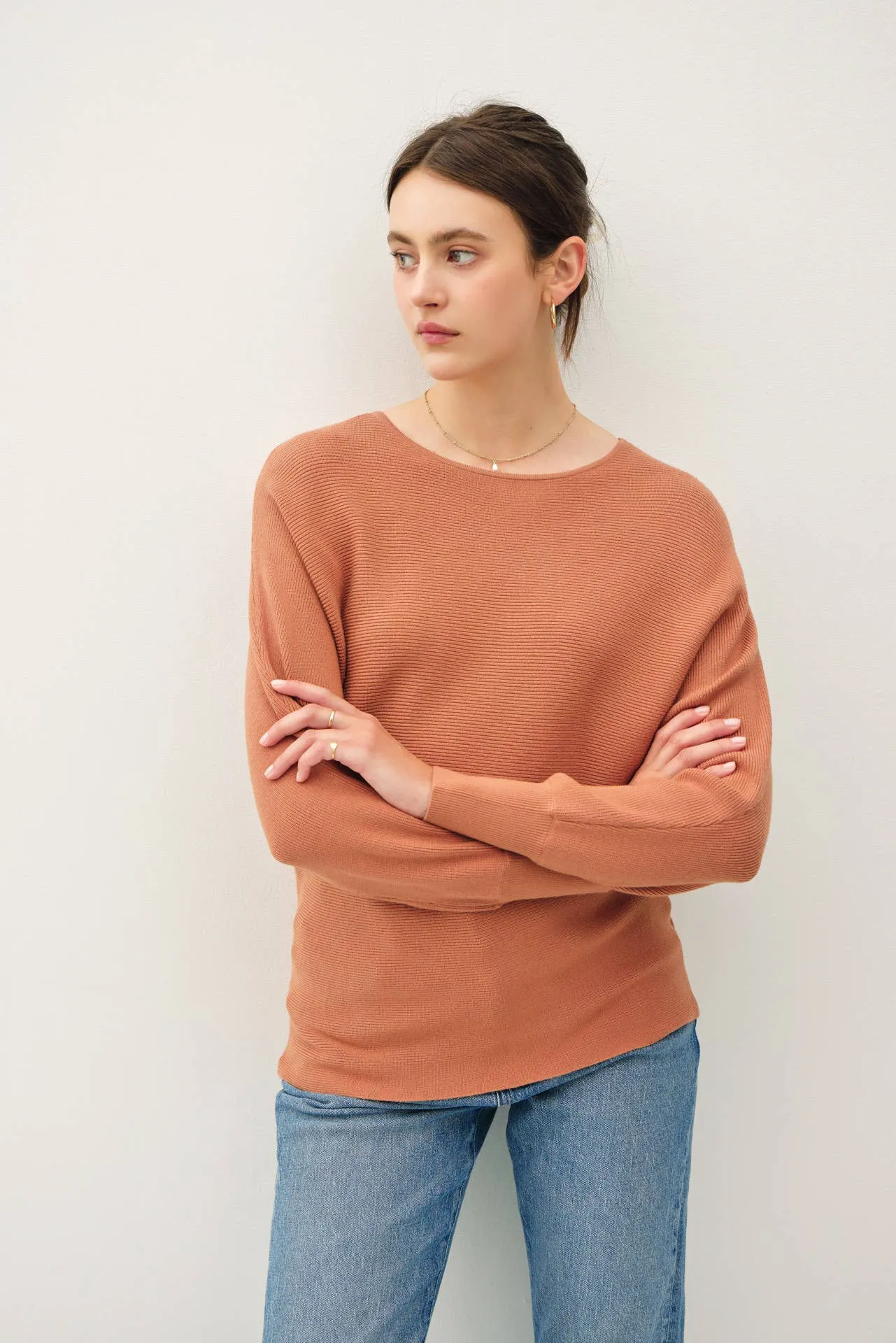 BOAT NECK DOLMAN SLEEVE RIBBED SWEATER