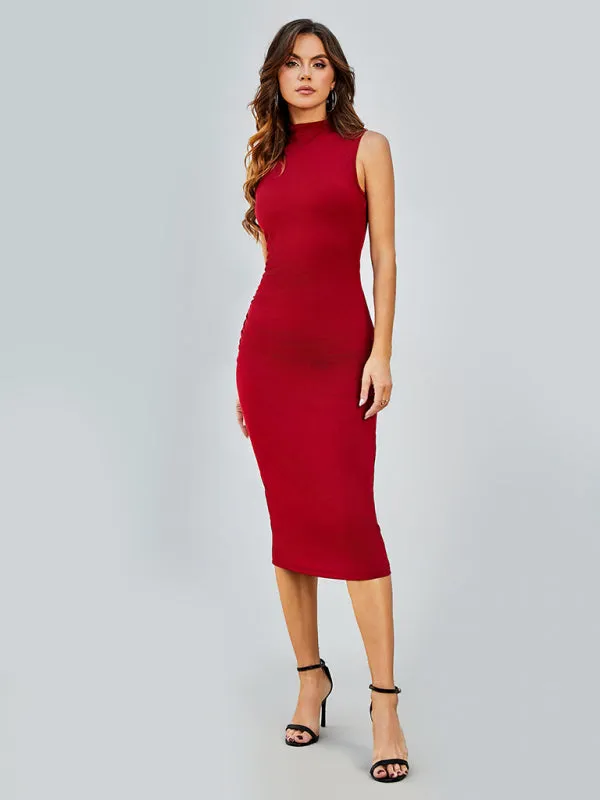Bodycon Midi Dress with Sleeveless Design and Round Neck