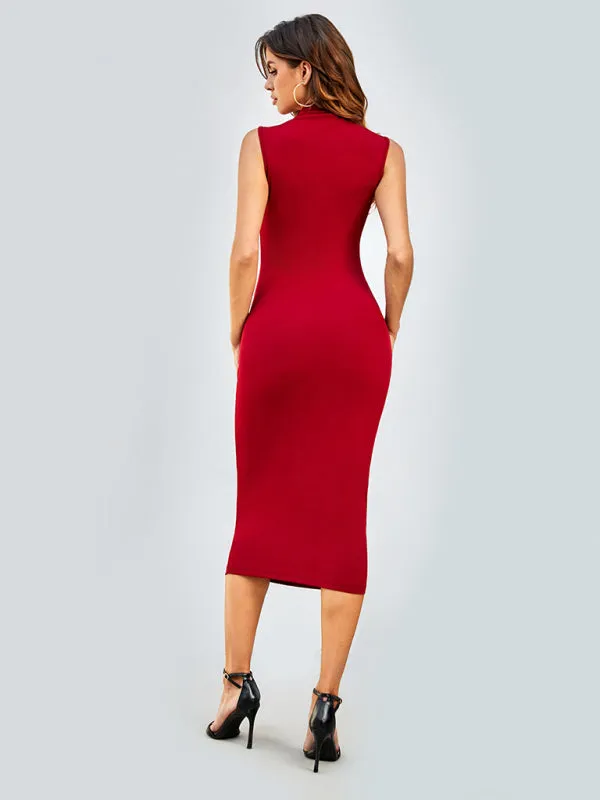 Bodycon Midi Dress with Sleeveless Design and Round Neck