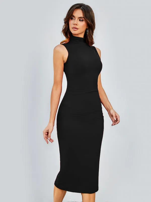 Bodycon Midi Dress with Sleeveless Design and Round Neck