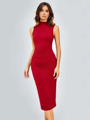 Bodycon Midi Dress with Sleeveless Design and Round Neck