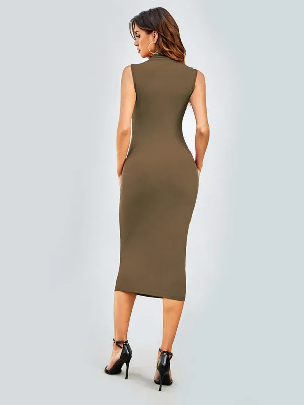 Bodycon Midi Dress with Sleeveless Design and Round Neck