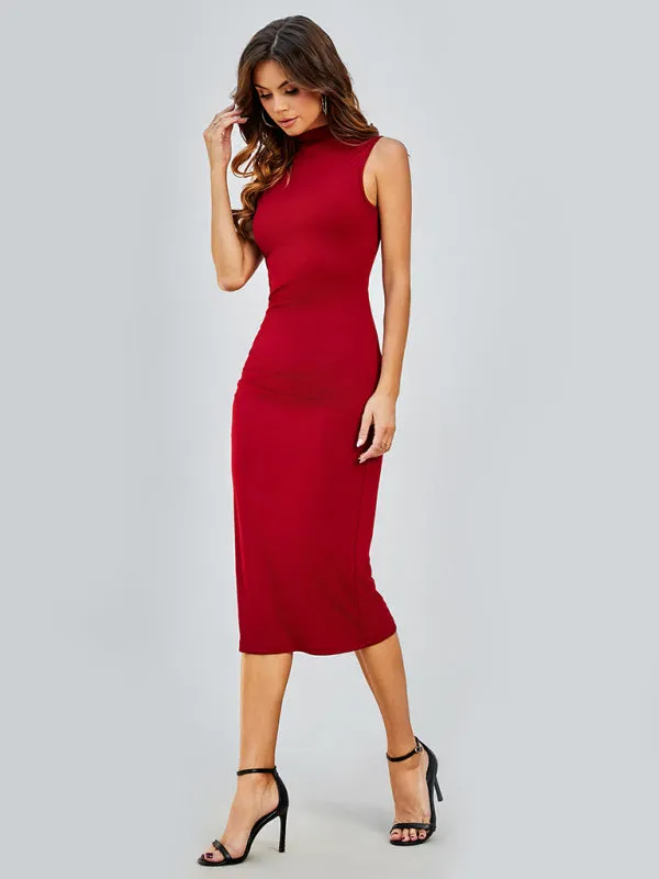 Bodycon Midi Dress with Sleeveless Design and Round Neck