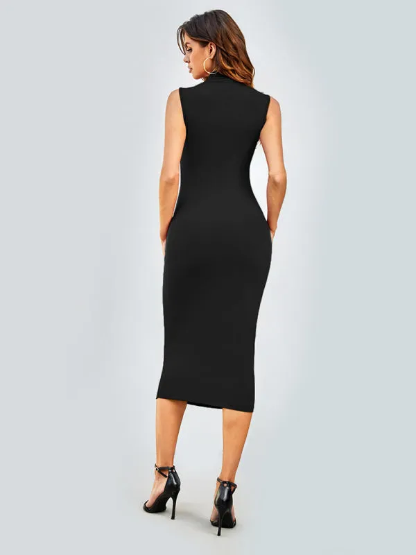 Bodycon Midi Dress with Sleeveless Design and Round Neck