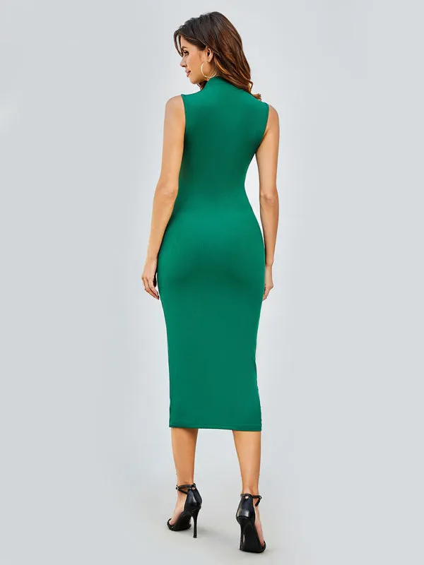 Bodycon Midi Dress with Sleeveless Design and Round Neck