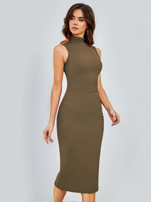 Bodycon Midi Dress with Sleeveless Design and Round Neck