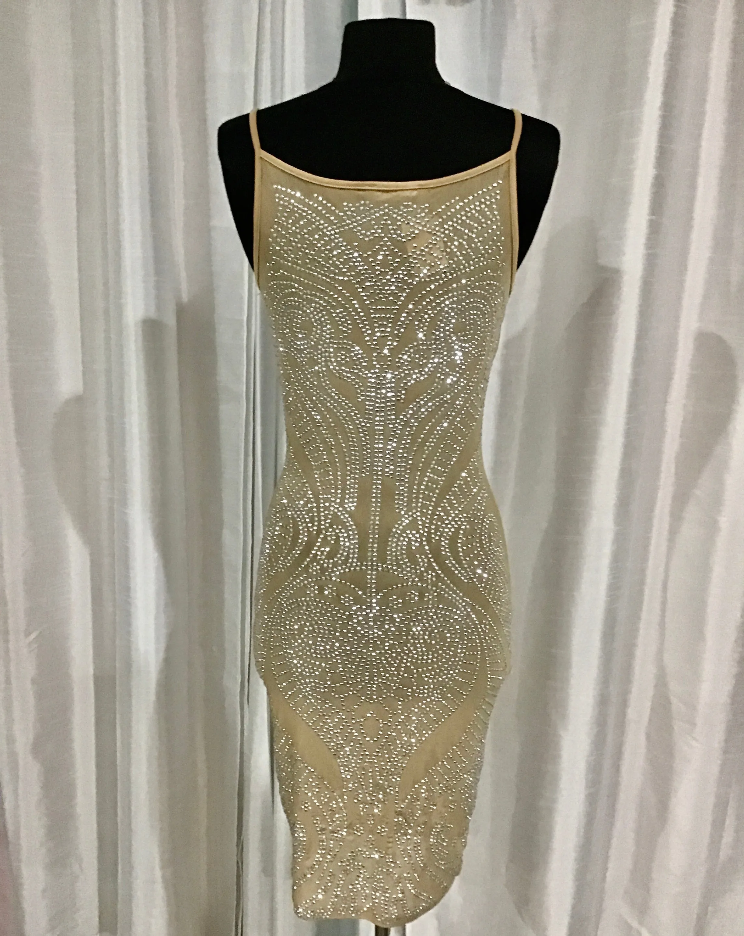 BOUTIQUE Short Nude & Silver Embellished Form Fitting Gown Size S