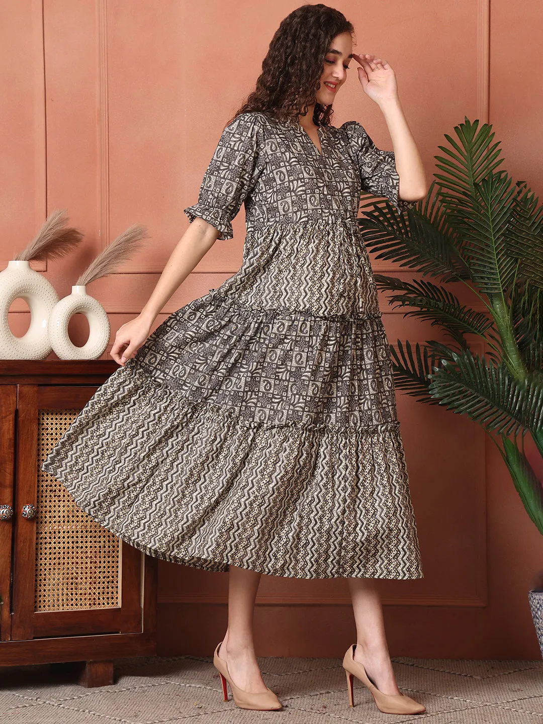 Brown Color Abstract Printed Cotton Ethnic Dress