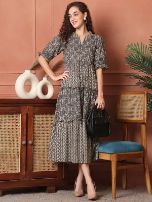 Brown Color Abstract Printed Cotton Ethnic Dress
