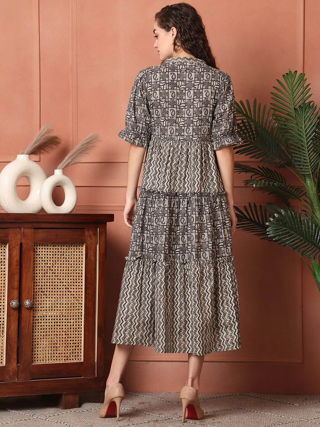 Brown Color Abstract Printed Cotton Ethnic Dress