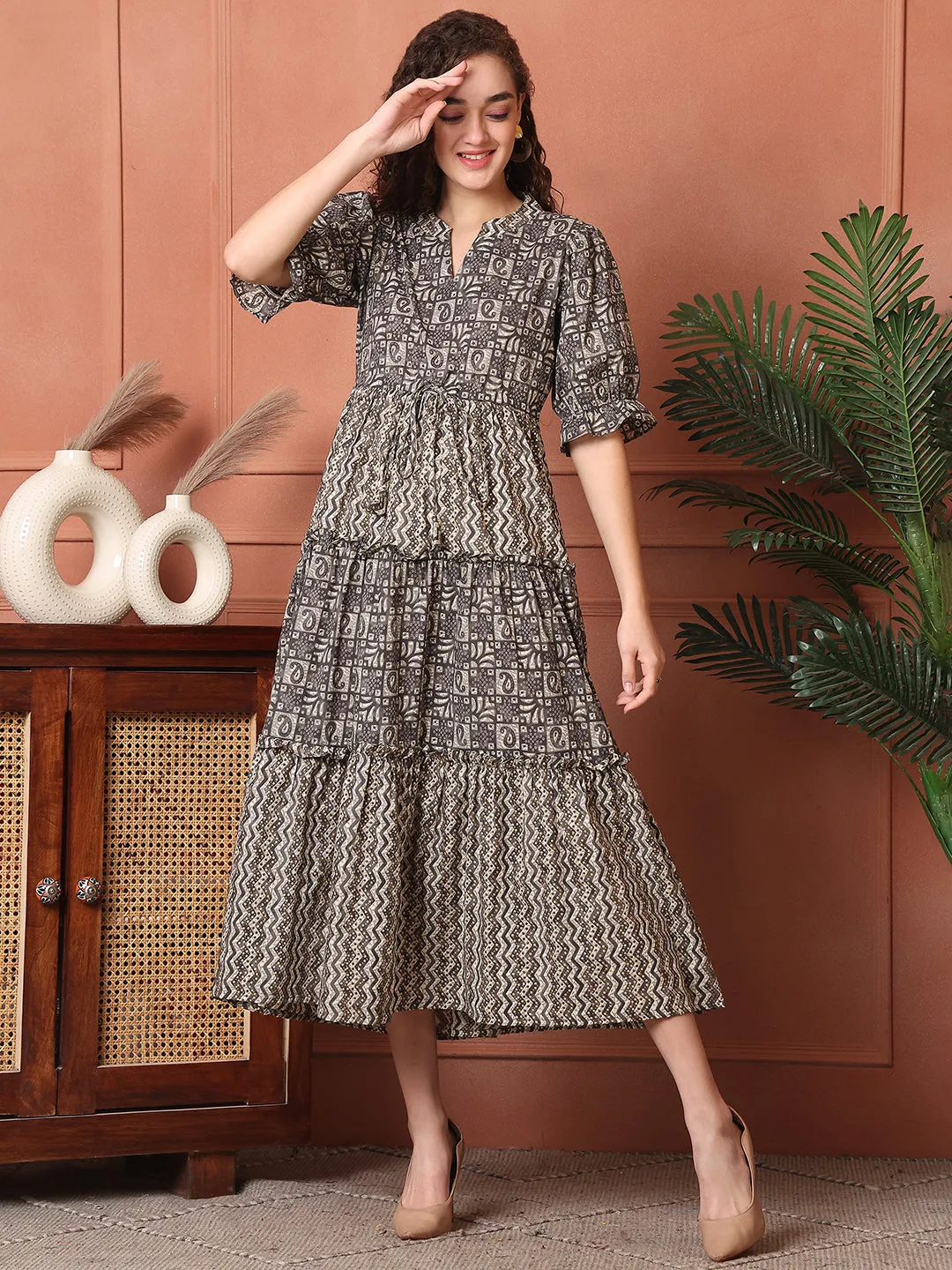 Brown Color Abstract Printed Cotton Ethnic Dress