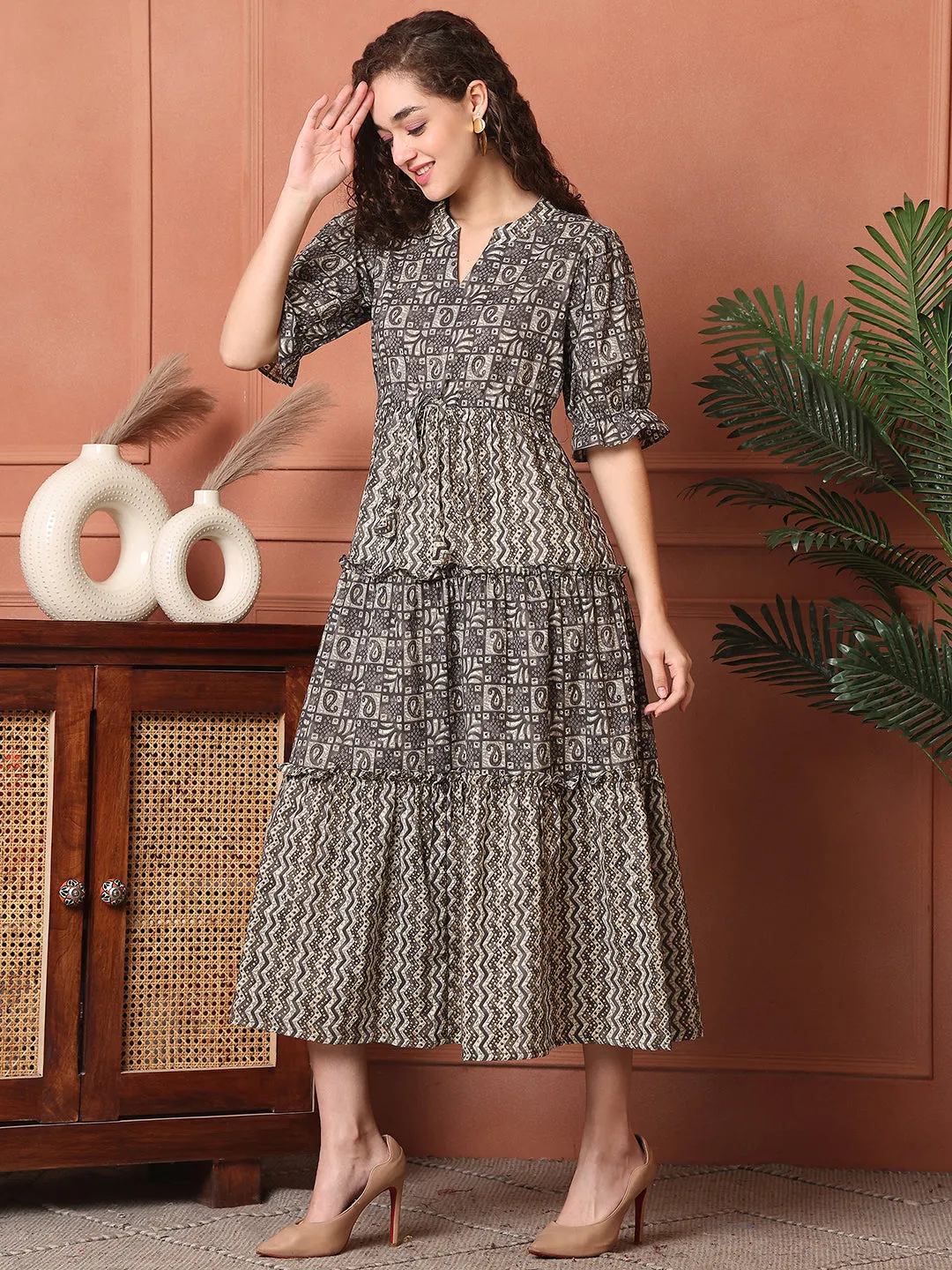 Brown Color Abstract Printed Cotton Ethnic Dress