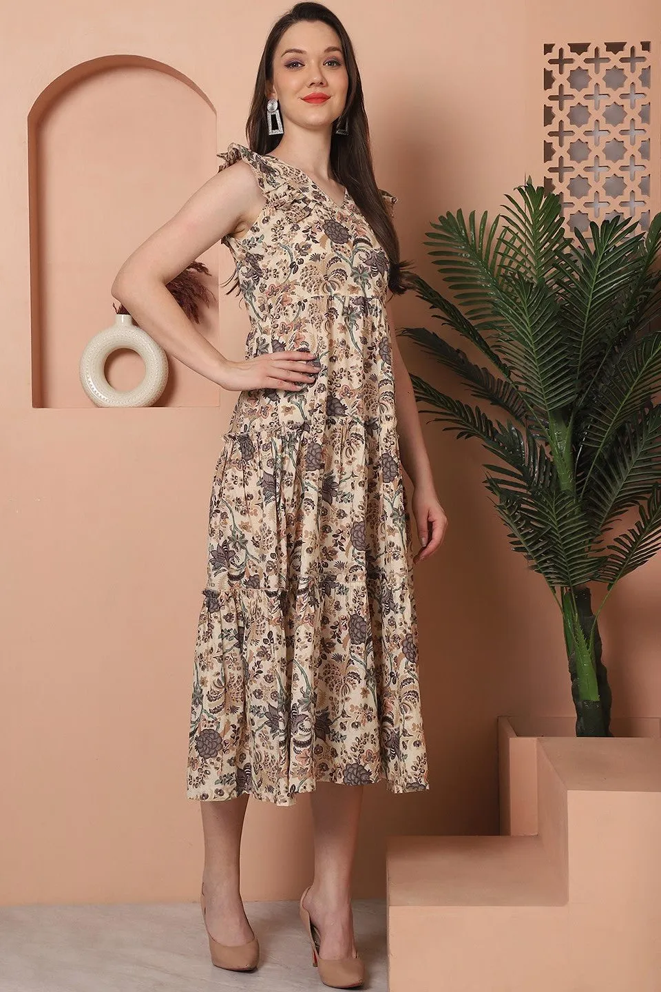 Brown Color Floral Printed Cotton Ethnic Dress For Women