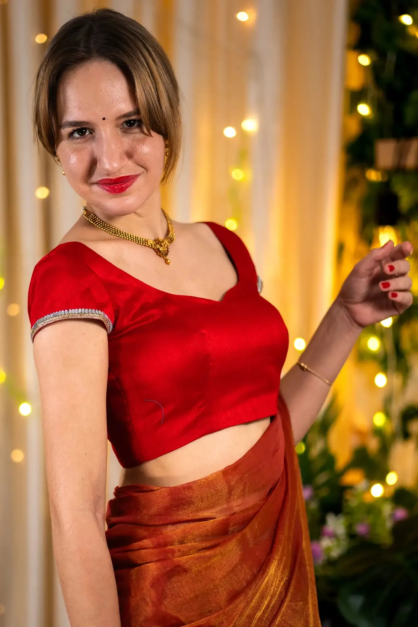 Burning Red Cap Sleeve Readymade Blouse
