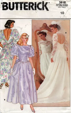Butterick 3616 Womens Low Back Puff Sleeved Wedding Dress With Optional Train 1980s Vintage Sewing Pattern Size 10 12 or 14