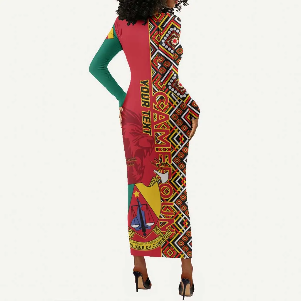 Cameroon National Day Long Sleeve Bodycon Dress Cameroun Coat Of Arms Ankara Pattern LT01