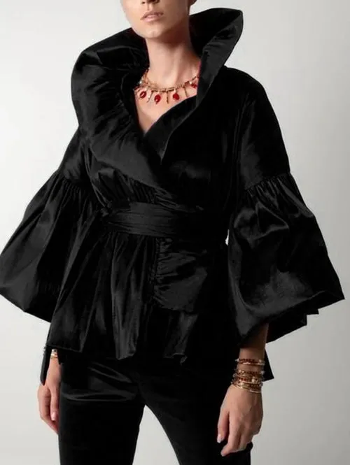 Casual Puff Long Sleeve Ruffles Blouse Office Lady Solid Color Women