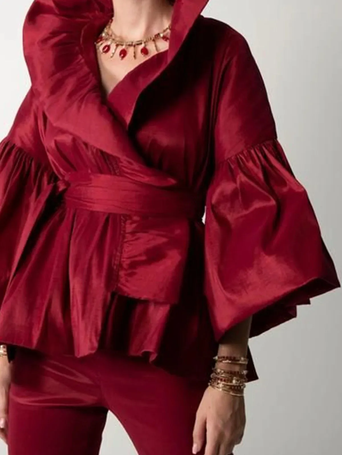 Casual Puff Long Sleeve Ruffles Blouse Office Lady Solid Color Women