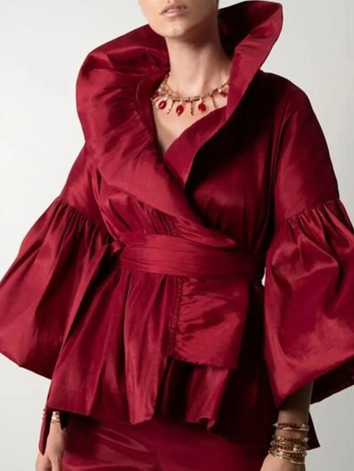 Casual Puff Long Sleeve Ruffles Blouse Office Lady Solid Color Women