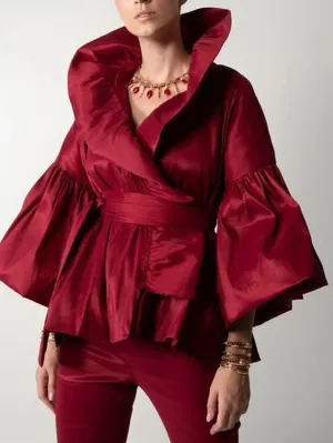Casual Puff Long Sleeve Ruffles Blouse Office Lady Solid Color Women
