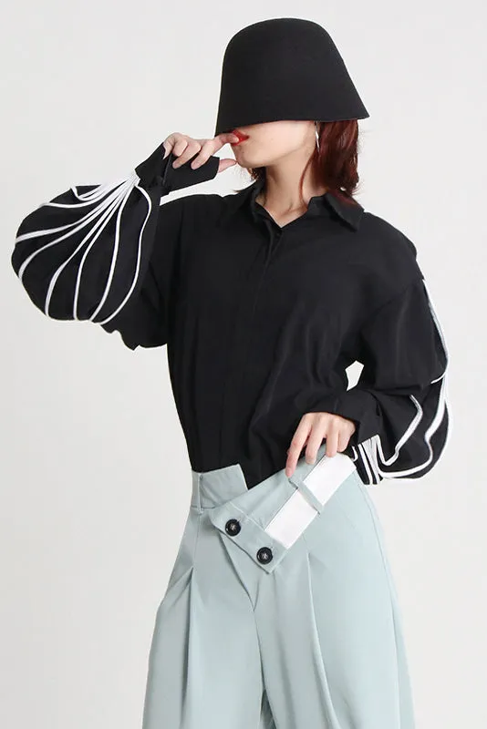 Chic Print Lapel Lantern Sleeve Blouses