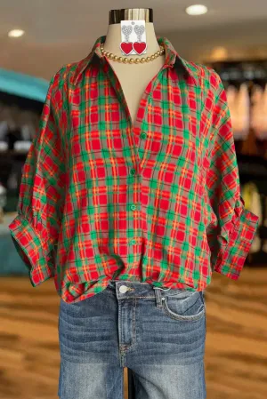 Classic Plaid Print Dolman Sleeve Top