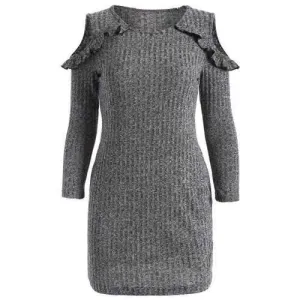 Cold Shoulder Ruffles Bodycon Sweater Dress - Gray L