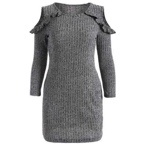 Cold Shoulder Ruffles Bodycon Sweater Dress - Gray L