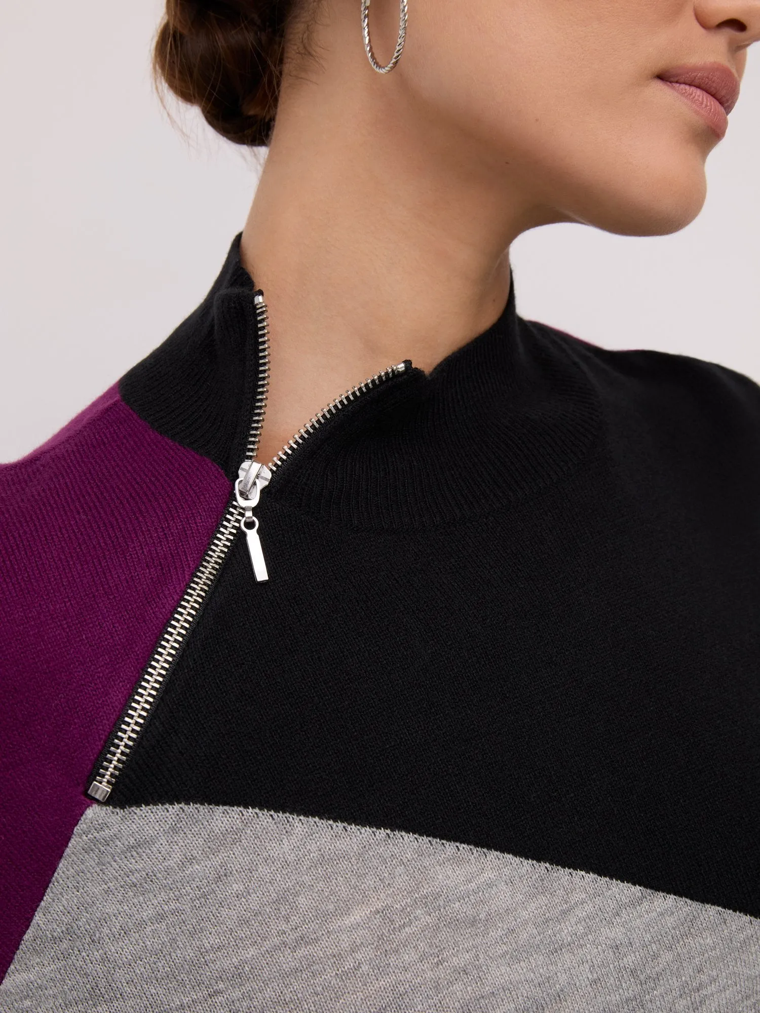 Colorblock Mock-Neck Zip-Detail Tunic Sweater