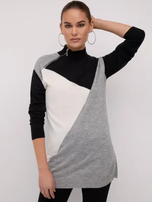 Colorblock Mock-Neck Zip-Detail Tunic Sweater
